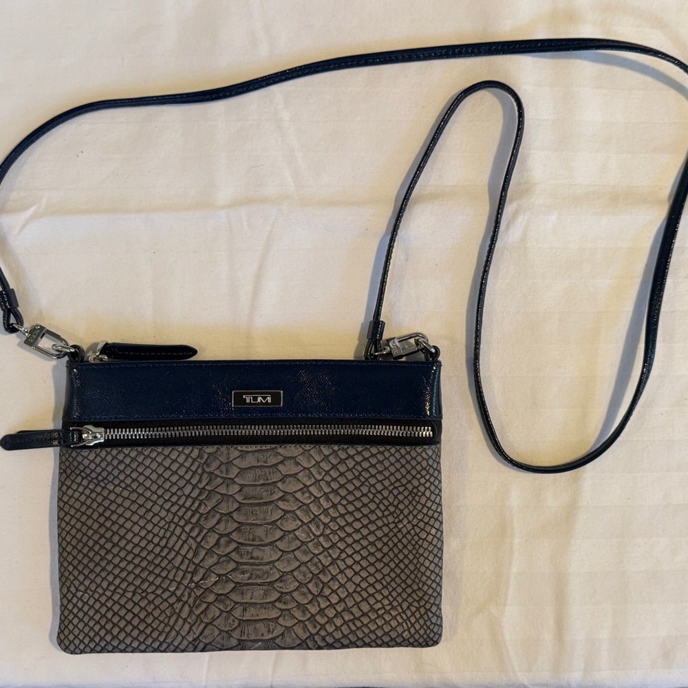 TUMI Voyageur Crossbody Bag- Grey Snakeskin and Blue Accents